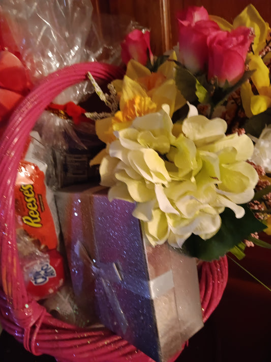 SOLD- One of a kind Flowers & Treats Gift Basket