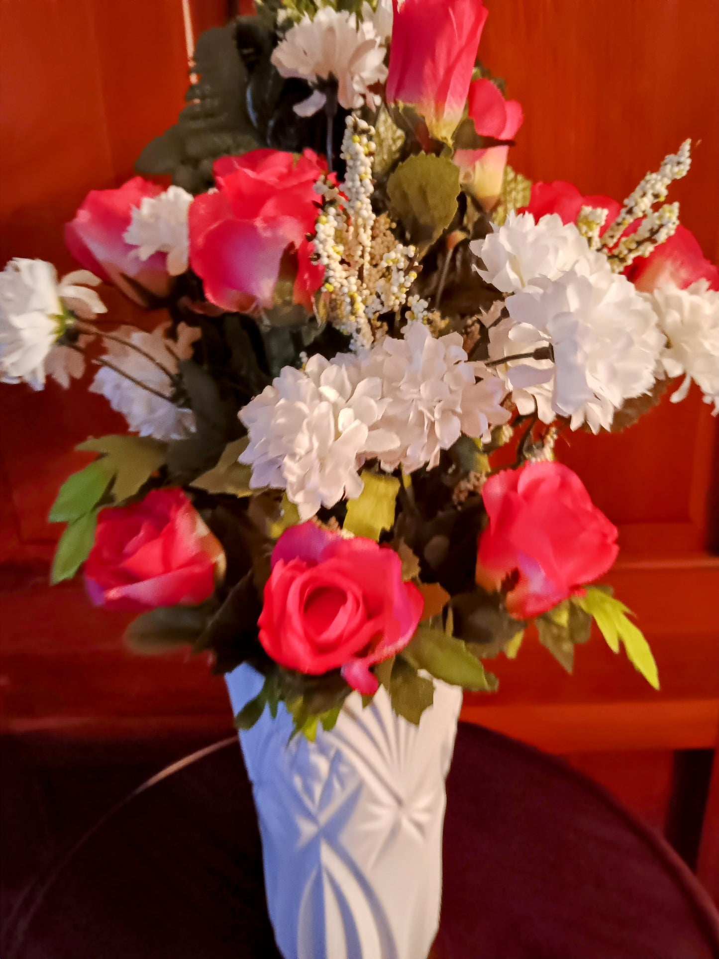 SOLD- One of a kind Rose Bouquet Arrangement- White Vase