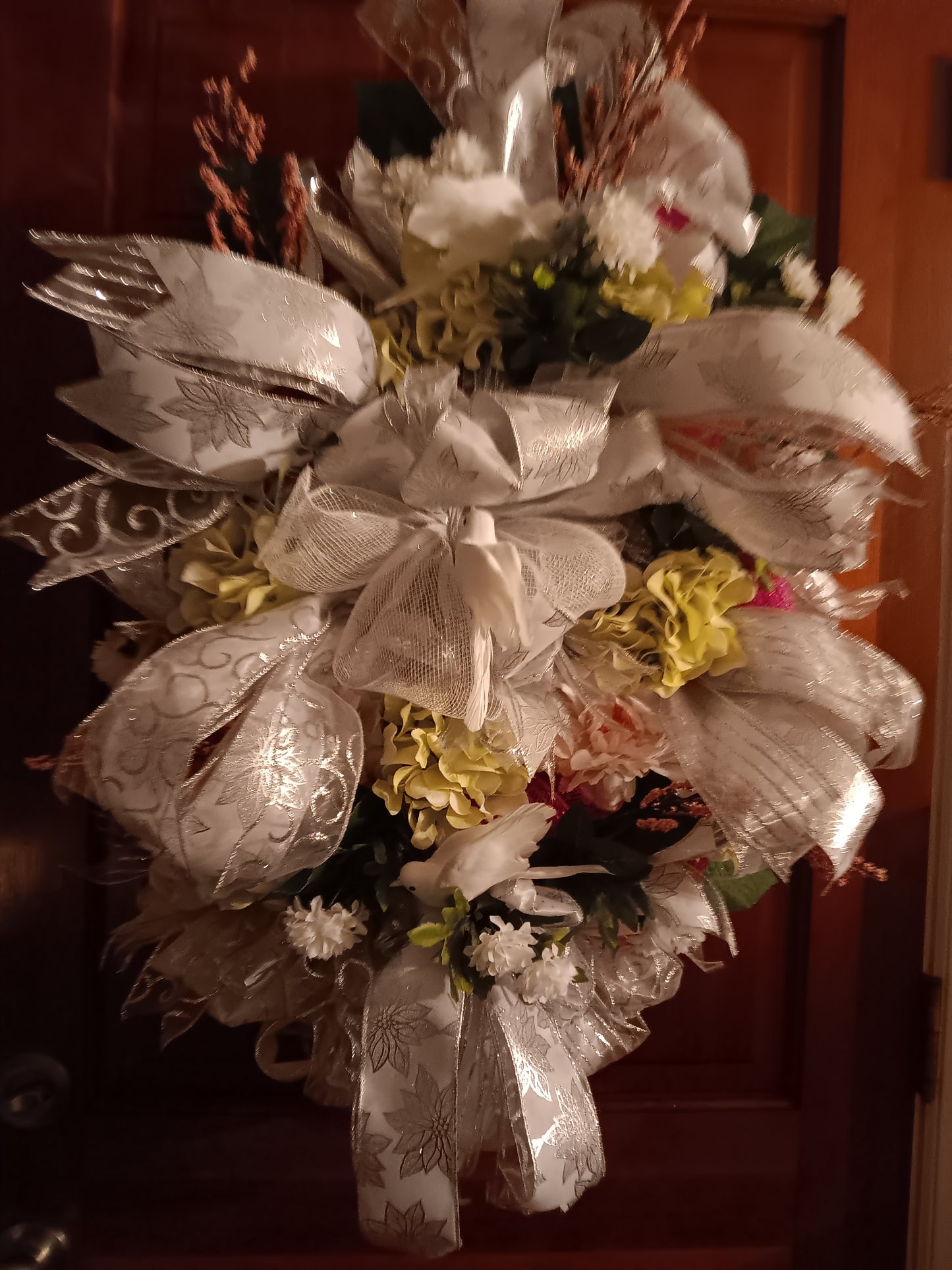 SOLD- One of a kind Handmade Wreath- White, Silver, Yellow