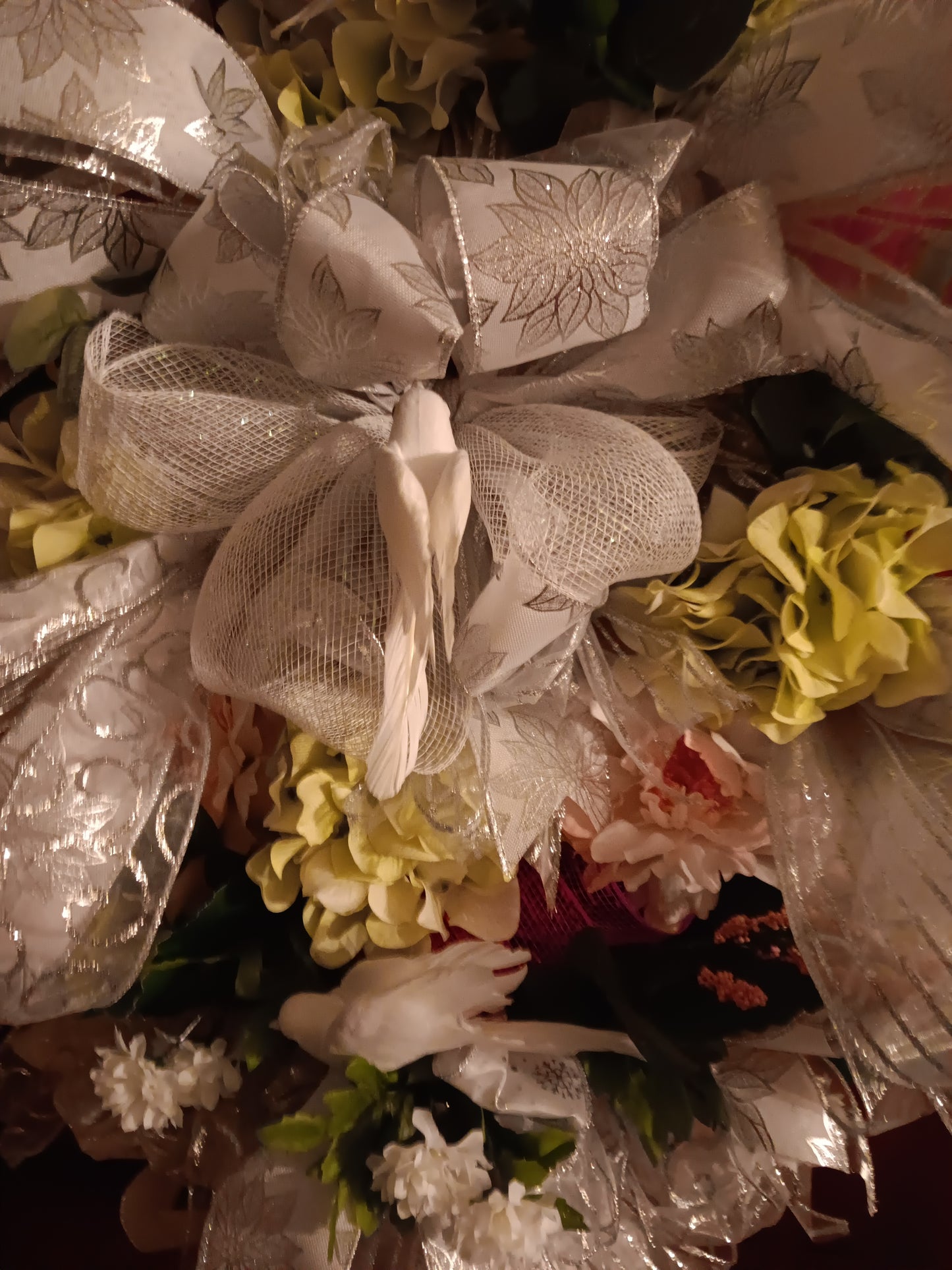 SOLD- One of a kind Handmade Wreath- White, Silver, Yellow